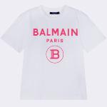 BALMAIN ENFANT - Tee shirt blanc logo rose fluo